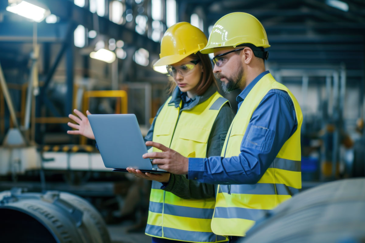 Consultor Industrial, ingeniero revisando KPIs en una fabrica