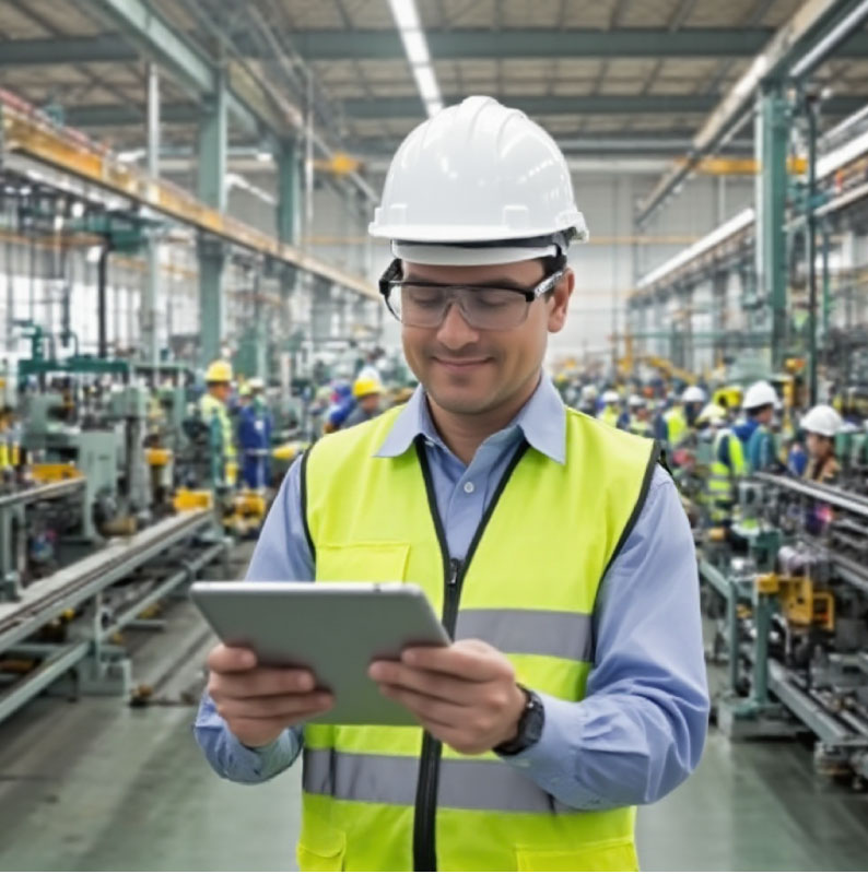 Ingeniero Industrial revisando KPIs en fábrica